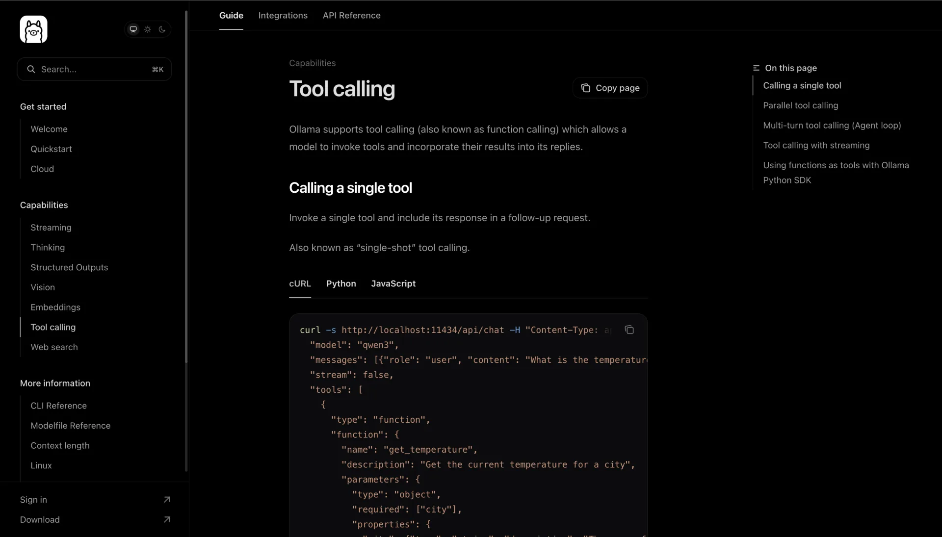 Ollama's Tool calling docs showing the cURL request to http://localhost:11434/api/chat with a tools array and a get_temperature function
