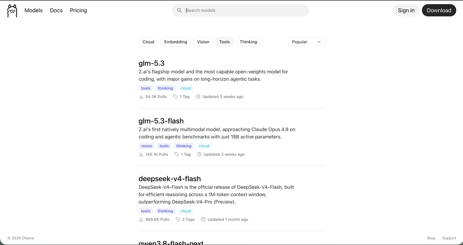 Ollama model library filtered by the Tools tag, showing glm-5.3, glm-5.3-flash, and deepseek-v4-flash with tools and cloud chips