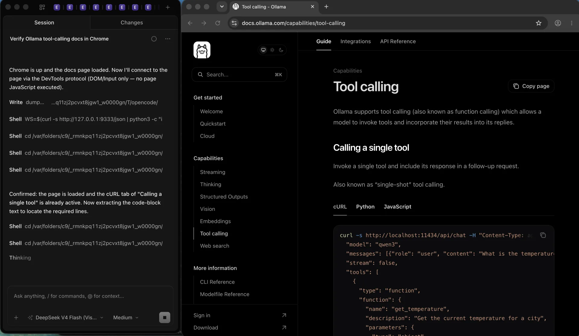 OpenCode beside Google Chrome on Ollama's Tool calling docs, connected through the DevTools protocol with the cURL tab active