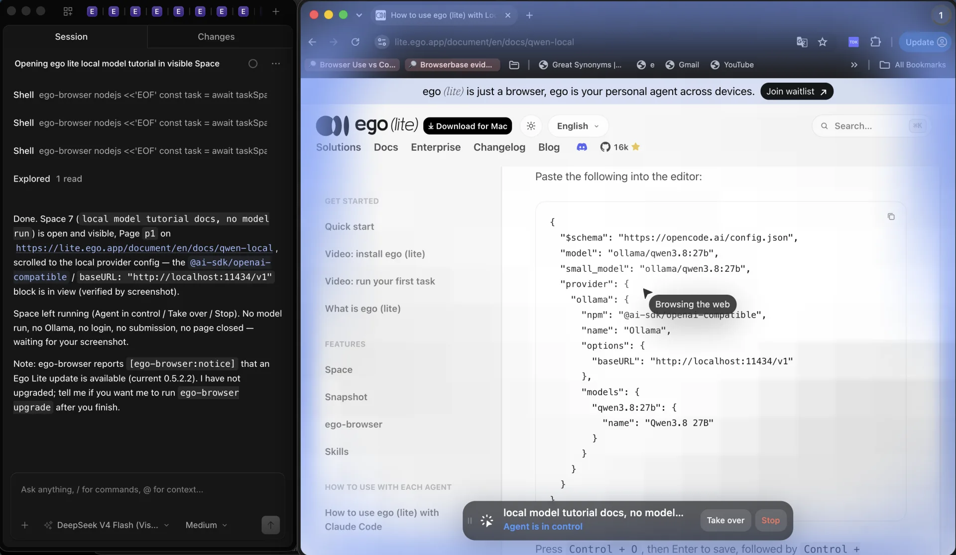 OpenCode beside an ego (lite) Space on the official qwen-local tutorial, showing the @ai-sdk/openai-compatible provider block with baseURL http://localhost:11434/v1 and Agent is in control with Take over and Stop