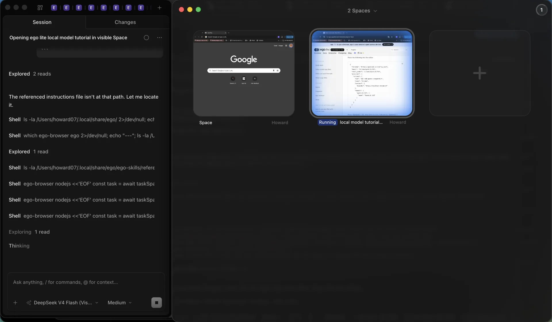 ego (lite) Spaces overview showing two Spaces side by side: a Google Space and a running Space on the local-model tutorial, plus an empty slot for another Space