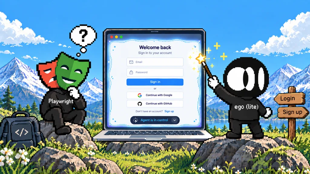 Pixel-art Playwright character and ego (lite) character beside a laptop sign-in screen with Agent is in control visible