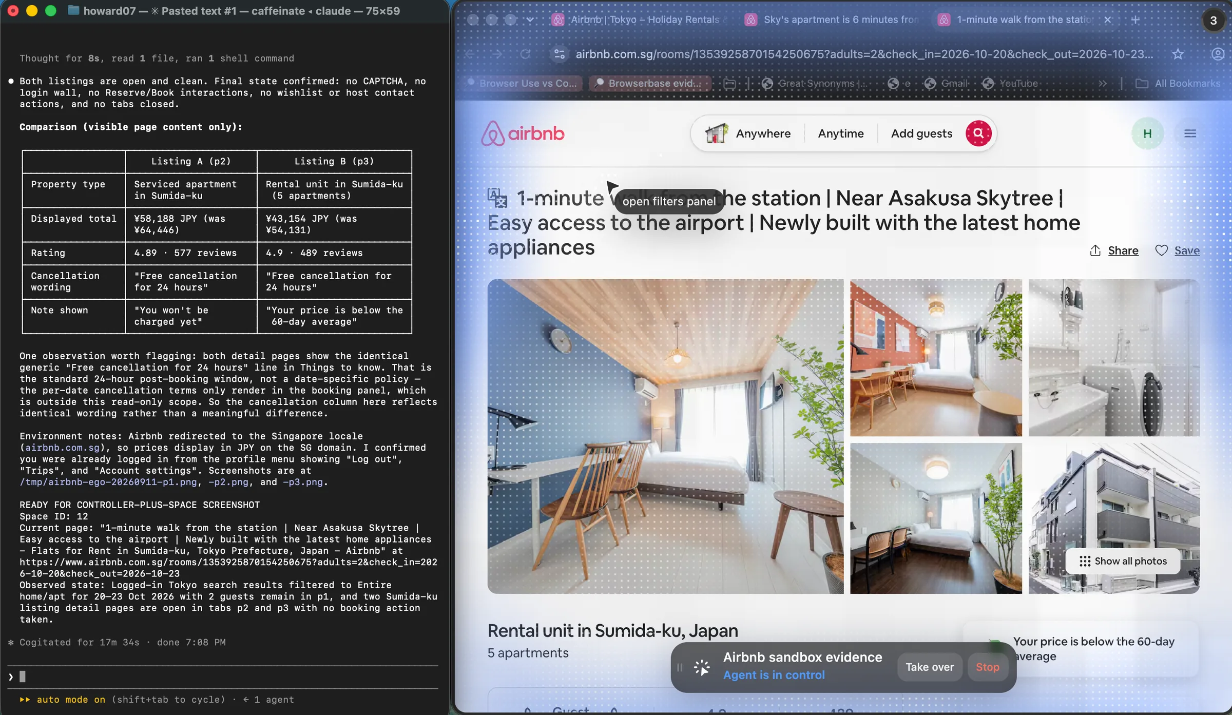Claude Code showing a completed Airbnb listing comparison beside a live ego (lite) Space on airbnb.com.sg, with Agent is in control and Take over visible