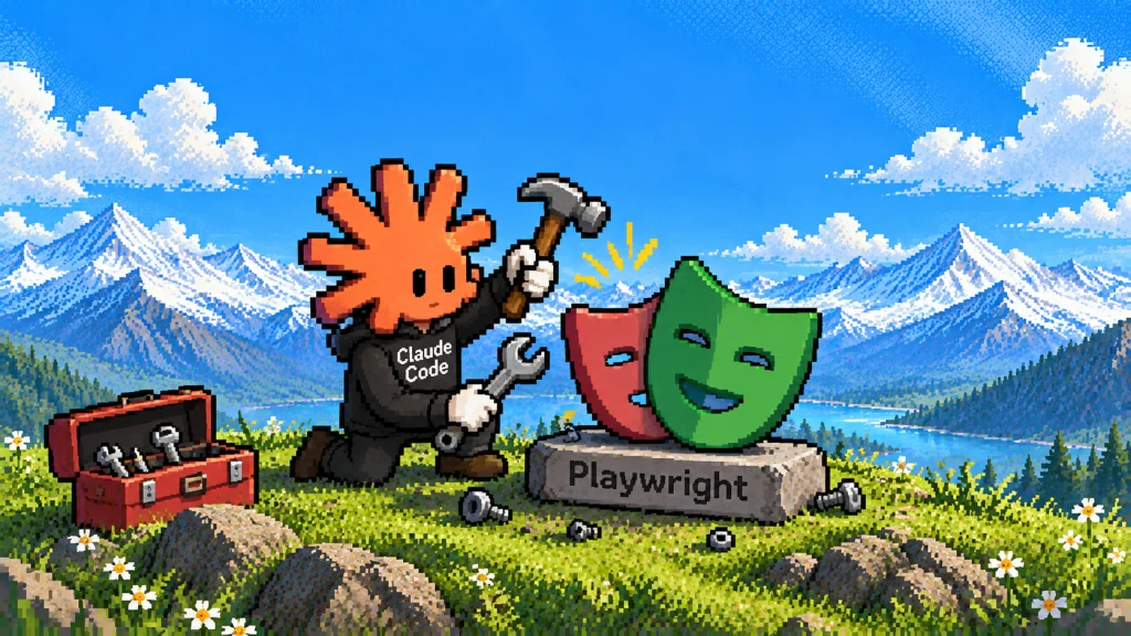 Pixel-art Claude Code agent configuring Playwright with tools and browser automation masks