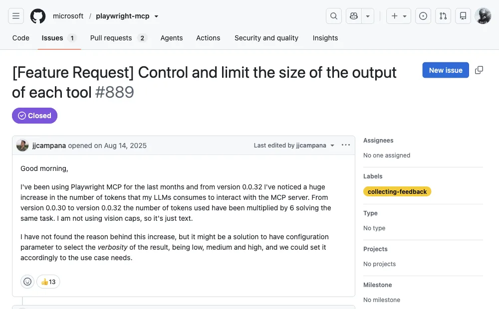 GitHub issue #889 on microsoft/playwright-mcp reporting token usage multiplied 6x between versions 0.0.30 and 0.0.32 for the same task