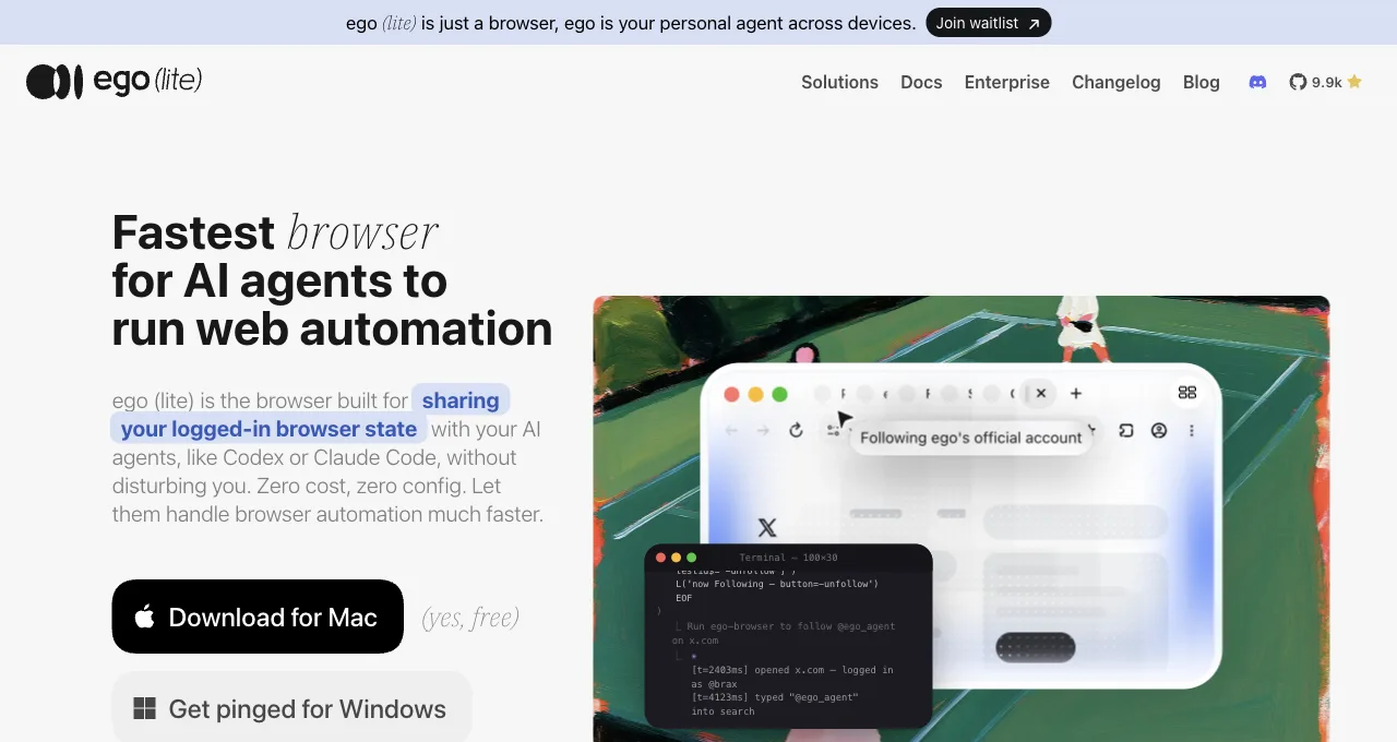 The ego (lite) homepage: a free browser built for sharing your logged-in browser state with AI agents like Claude Code and Codex