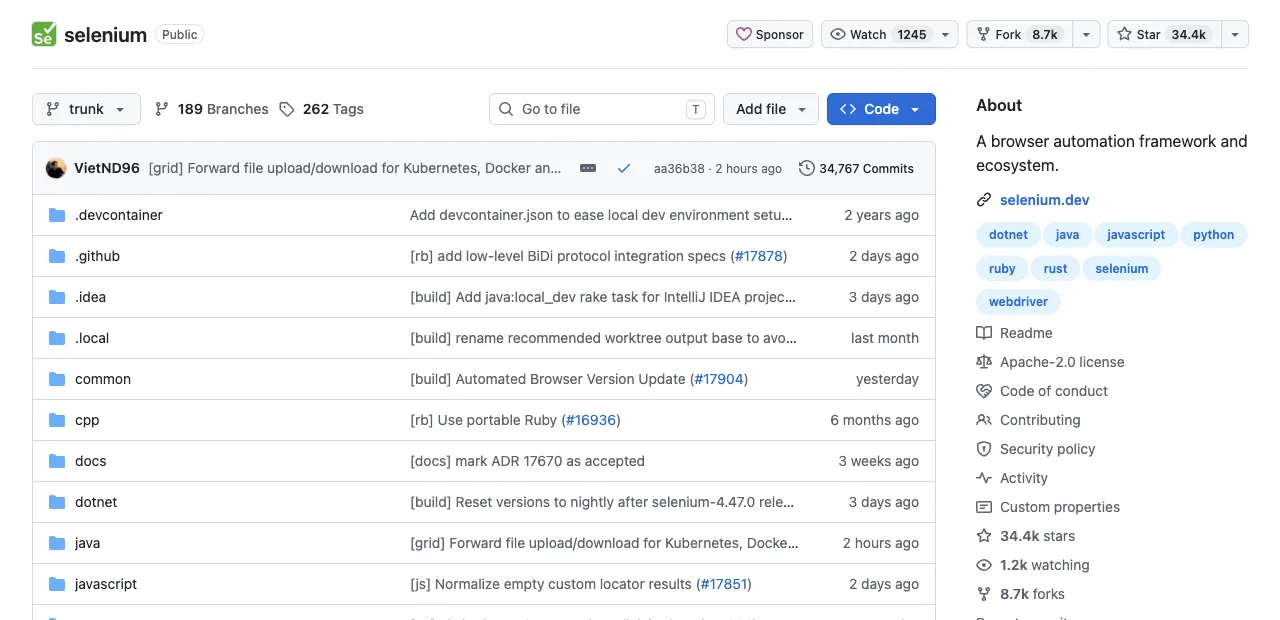 The SeleniumHQ/selenium GitHub repository, described as a browser automation framework and ecosystem