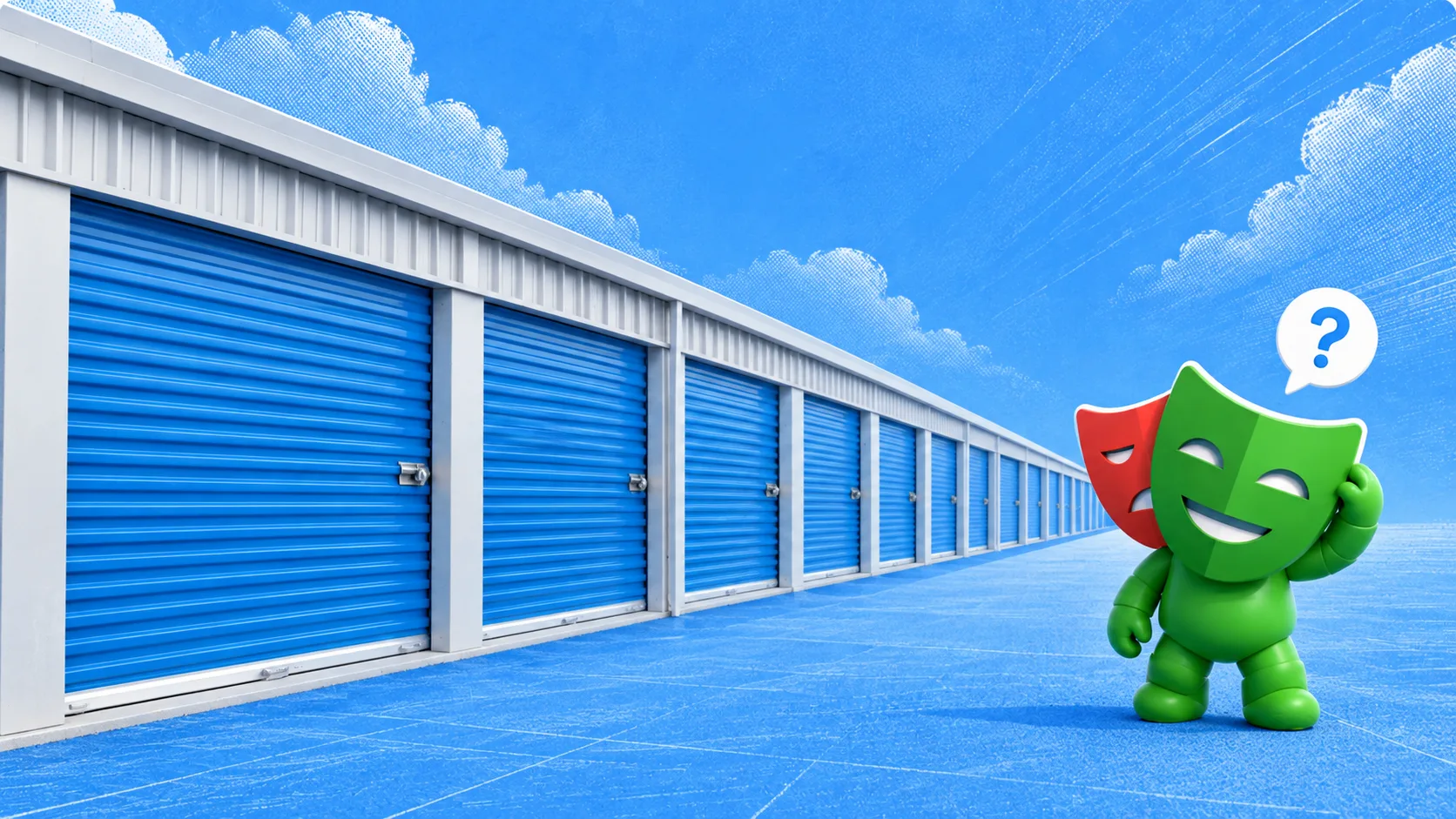 Green ego (lite) mascot beside locked blue storage units, unsure which unit holds the snapshot