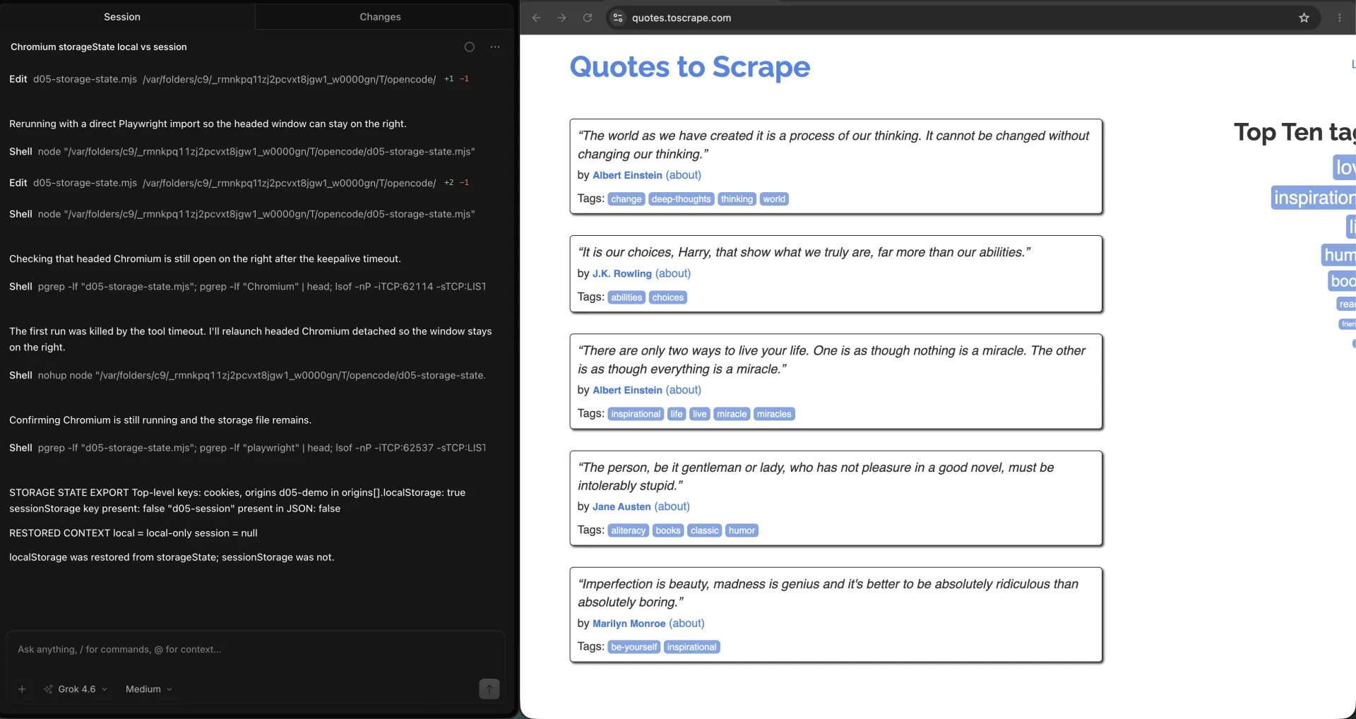 OpenCode showing restored localStorage and empty sessionStorage beside headed Chromium on quotes.toscrape.com