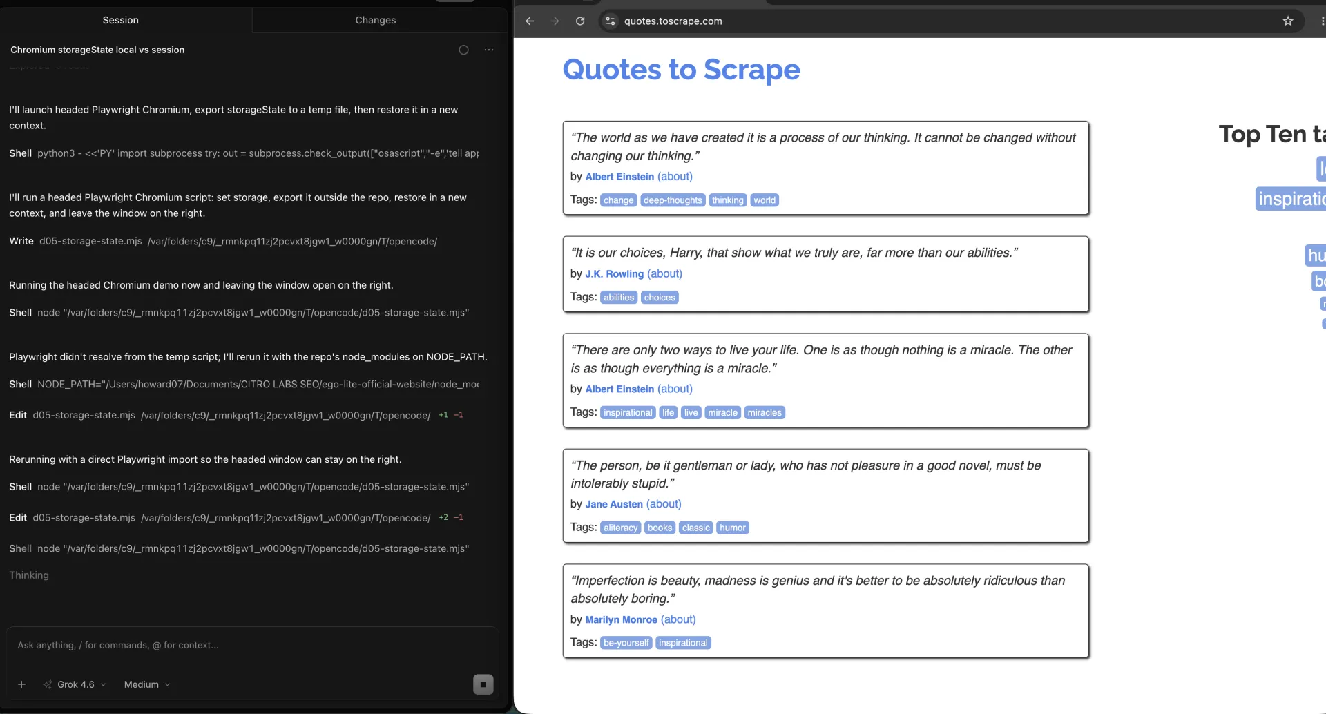 OpenCode exporting Playwright storageState beside headed Chromium on quotes.toscrape.com