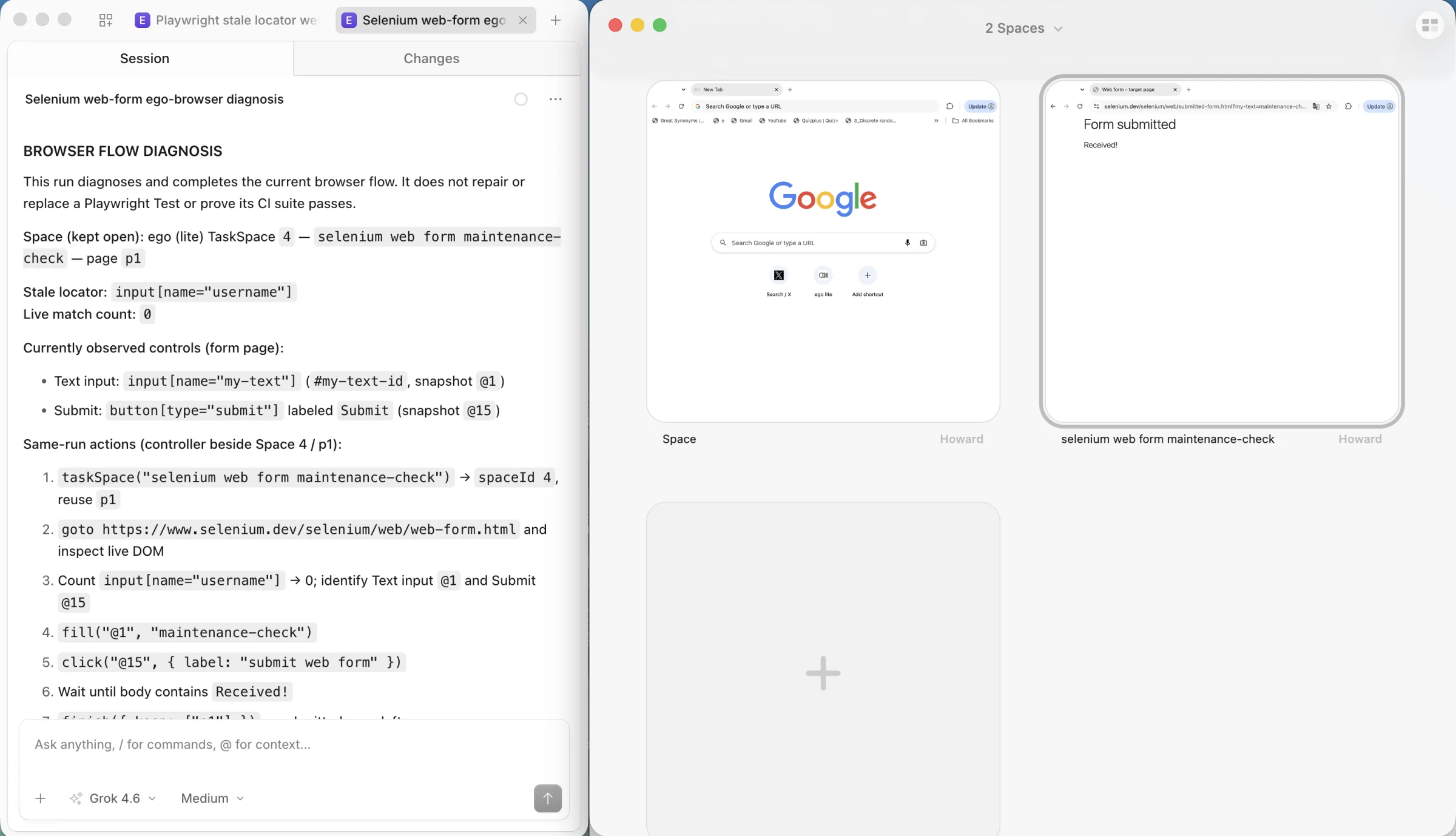 ego (lite) overview showing two separate Spaces, one with the submitted Selenium form and one idle