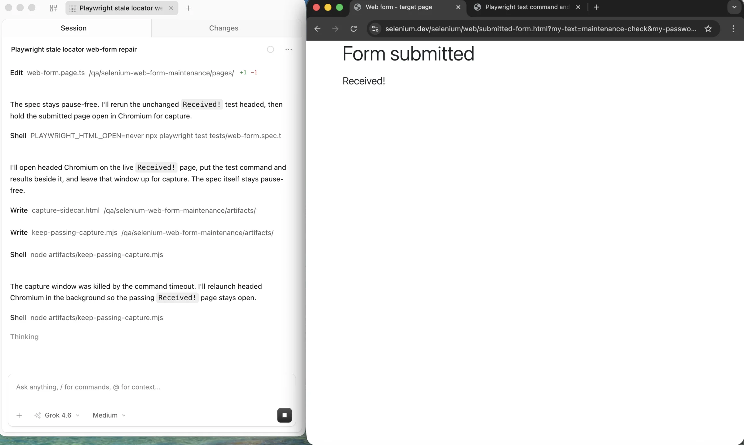 Controller trace mentioning a capture process timeout beside a headed browser showing Selenium's Form submitted and Received result
