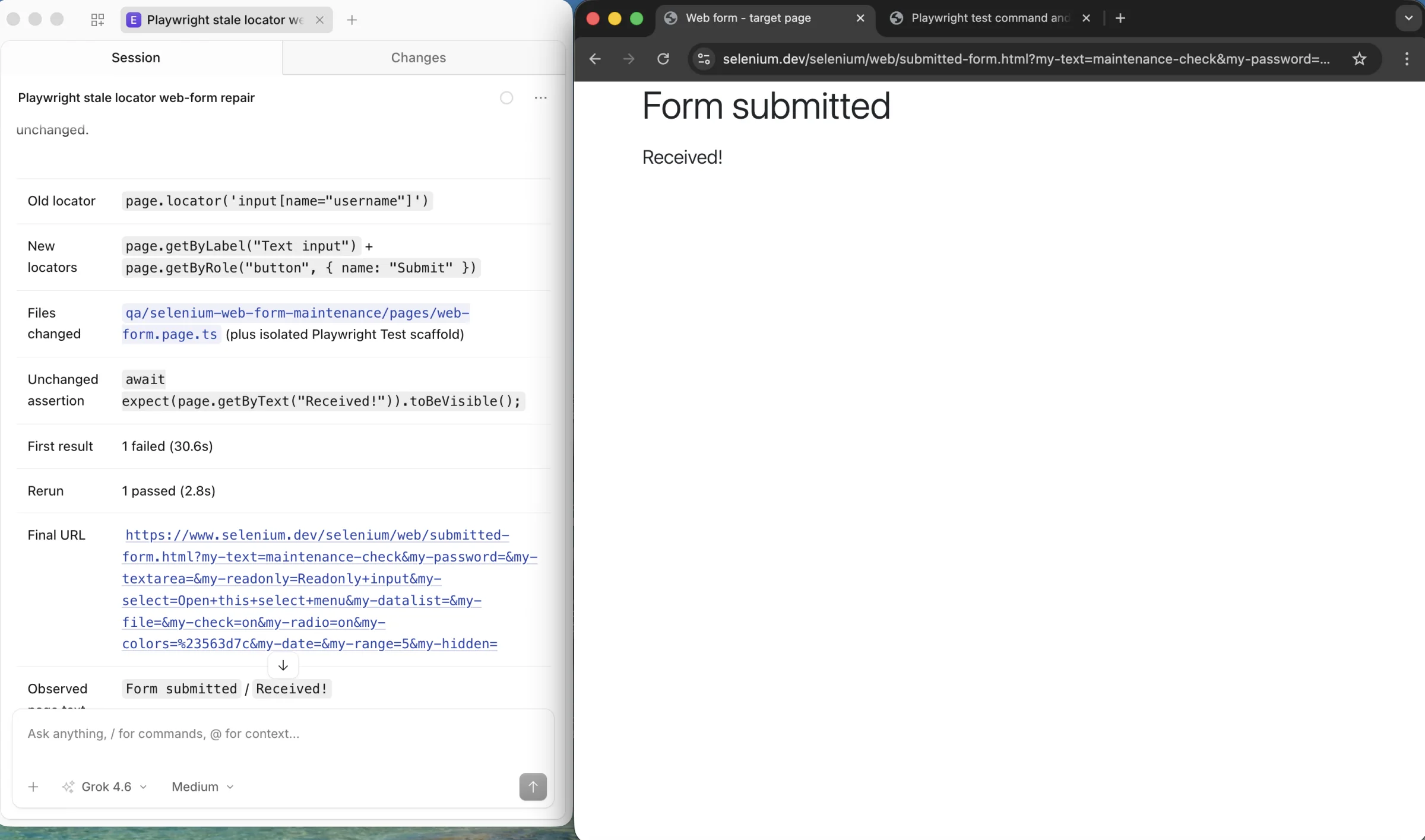 Repair review showing a page object locator changed to getByLabel and getByRole, an unchanged Received assertion, and a passing local rerun beside the submitted form