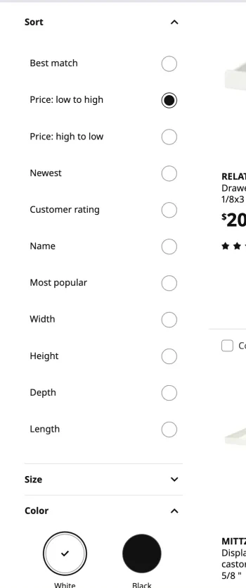 Native crop of the Cypress IKEA page showing Price low to high selected and White checked