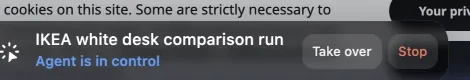 Cropped ego (lite) Space control bar showing Agent is in control, Take over, and Stop