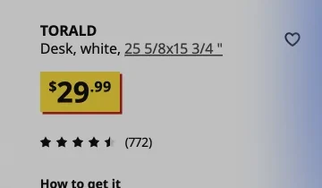 Cropped IKEA TORALD product detail from the ego (lite) Space showing the desk and $29.99 price