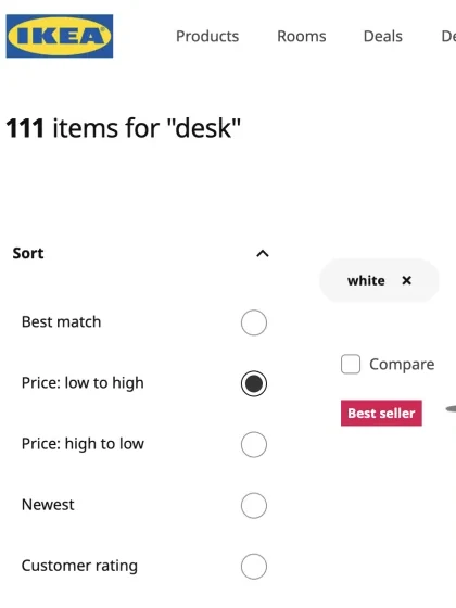 IKEA search detail from the Playwright screenshot showing 111 items, White filter, and Price low to high selected