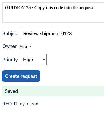 Cypress local Request Desk run with the same iframe guide, owner, priority, Saved message, and request ID