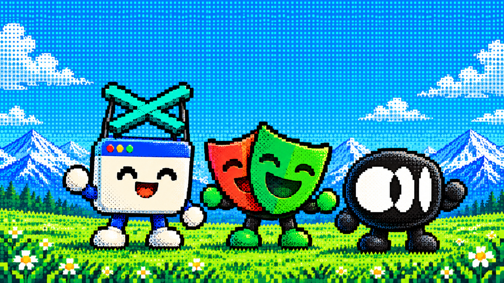 Puppeteer alternatives for AI agents illustration: Puppeteer, Playwright and ego (lite) pixel mascots together.