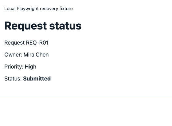 Fresh status view in the local synthetic fixture showing request REQ-R01 as Submitted