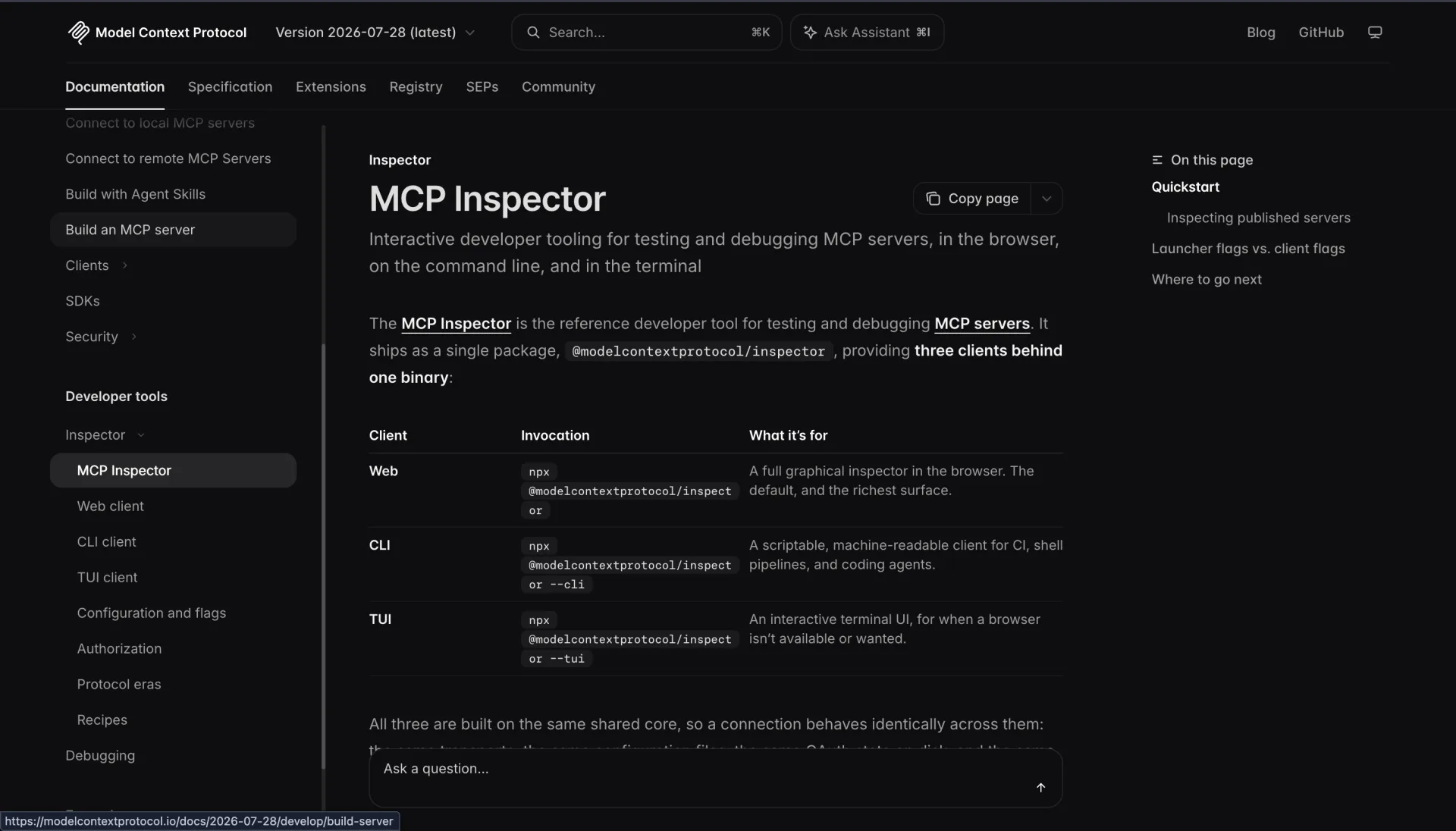 The public MCP Inspector reference page showing the Web, CLI, and TUI clients behind one package