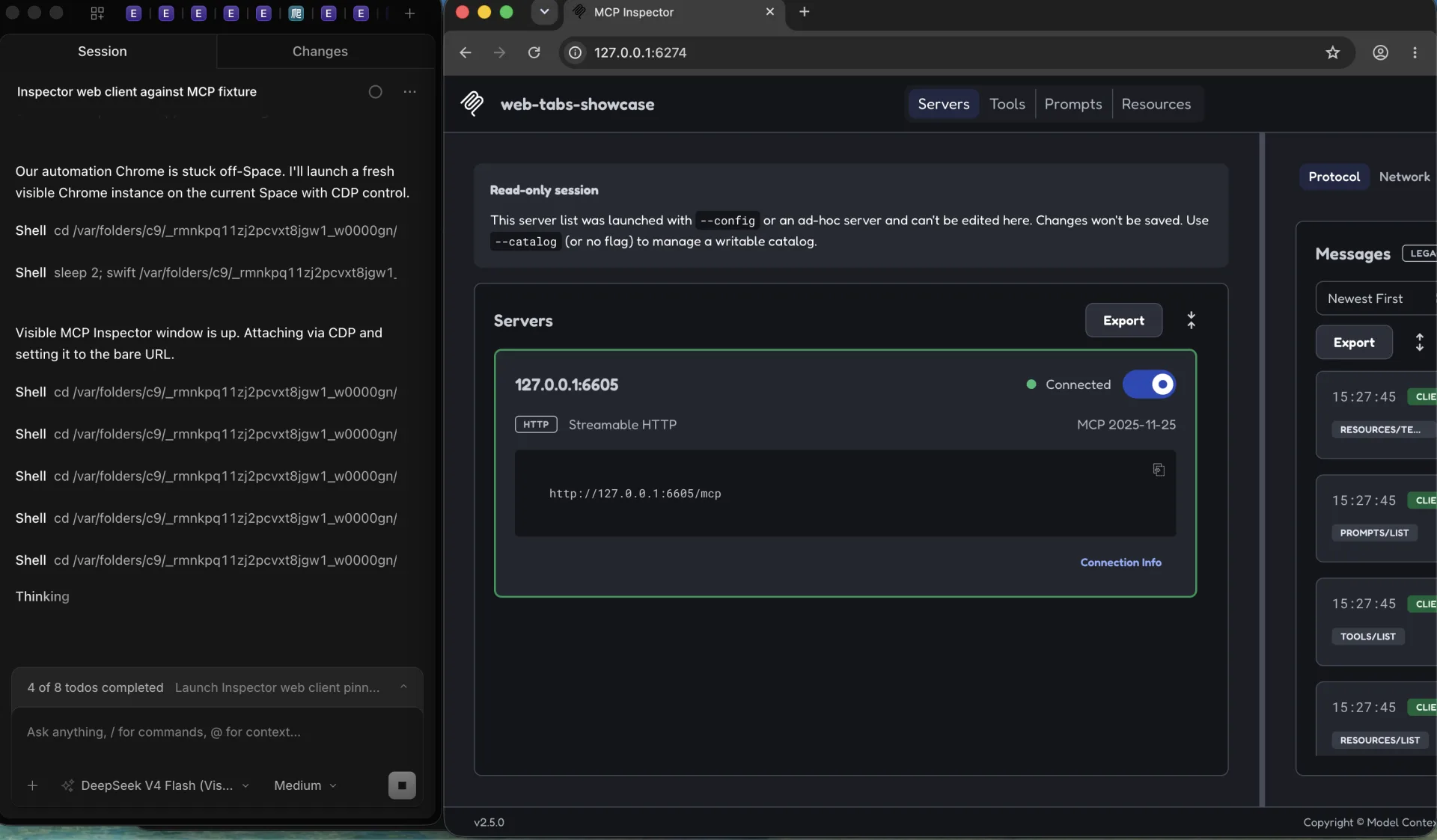 The Inspector web client connected to a local MCP fixture over Streamable HTTP, with the Protocol transcript on the right