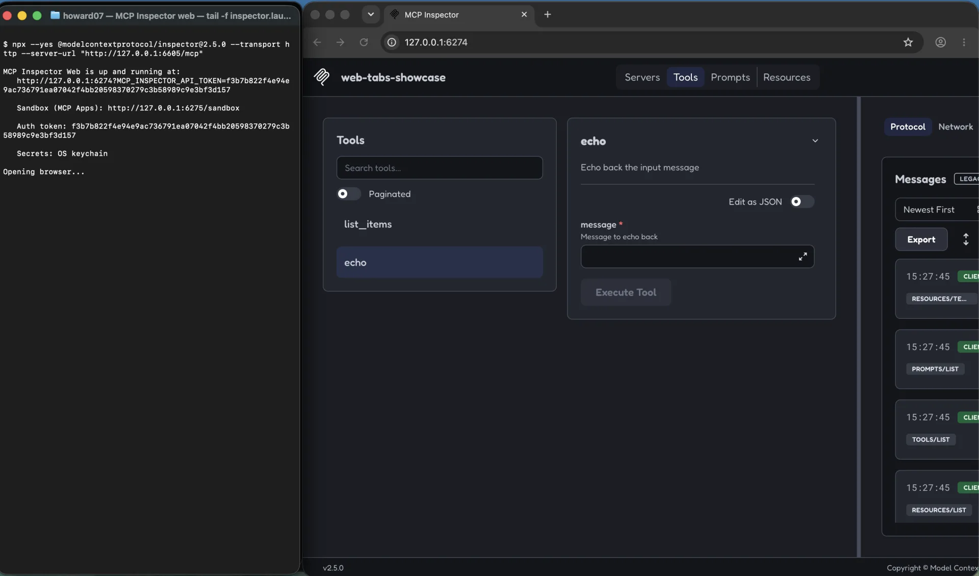 The Inspector web client's Tools tab with the echo tool selected and its input schema rendered as a fillable form