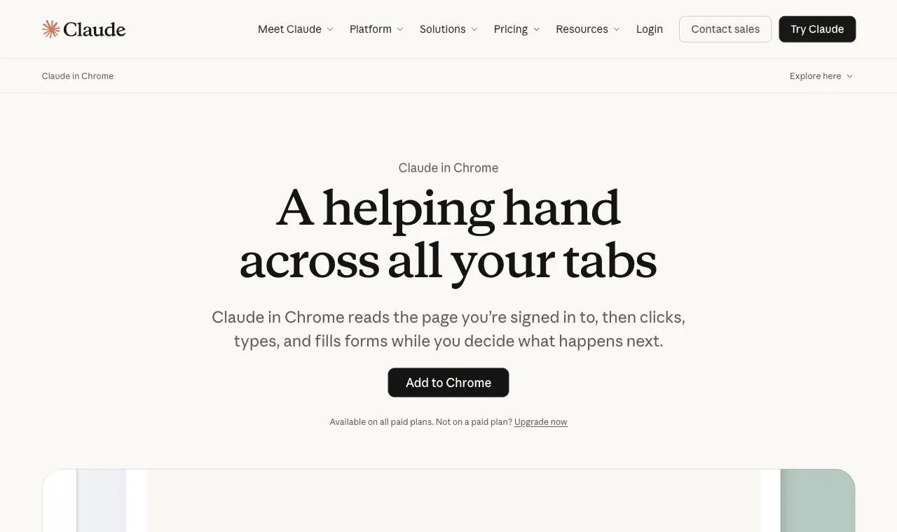 Anthropic's Claude in Chrome page: the flagship vendor extension, acting in the browser you're signed into