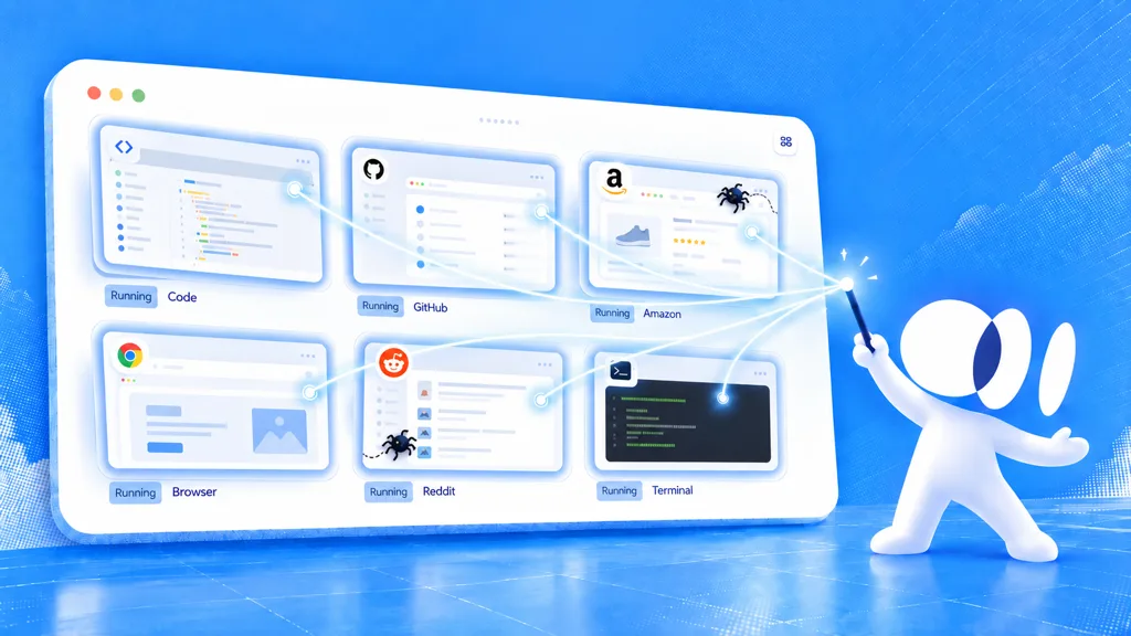 White ego (lite) figure pointing a wand at six running Spaces labelled Code, GitHub, Amazon, Browser, Reddit, and Terminal