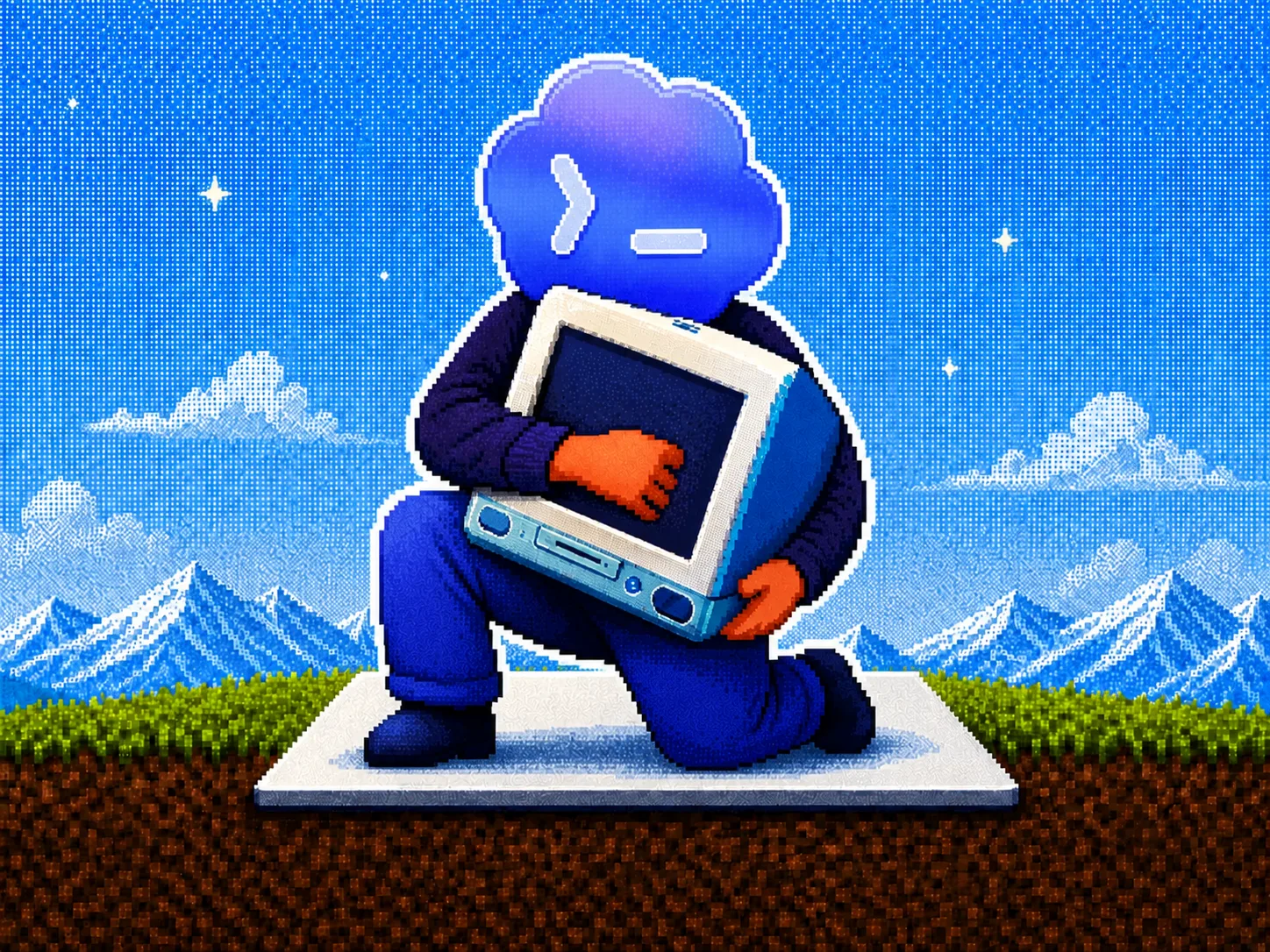 Pixel-art blue agent kneeling with a terminal screen against a starry sky and snowy mountains, illustrating WebMCP