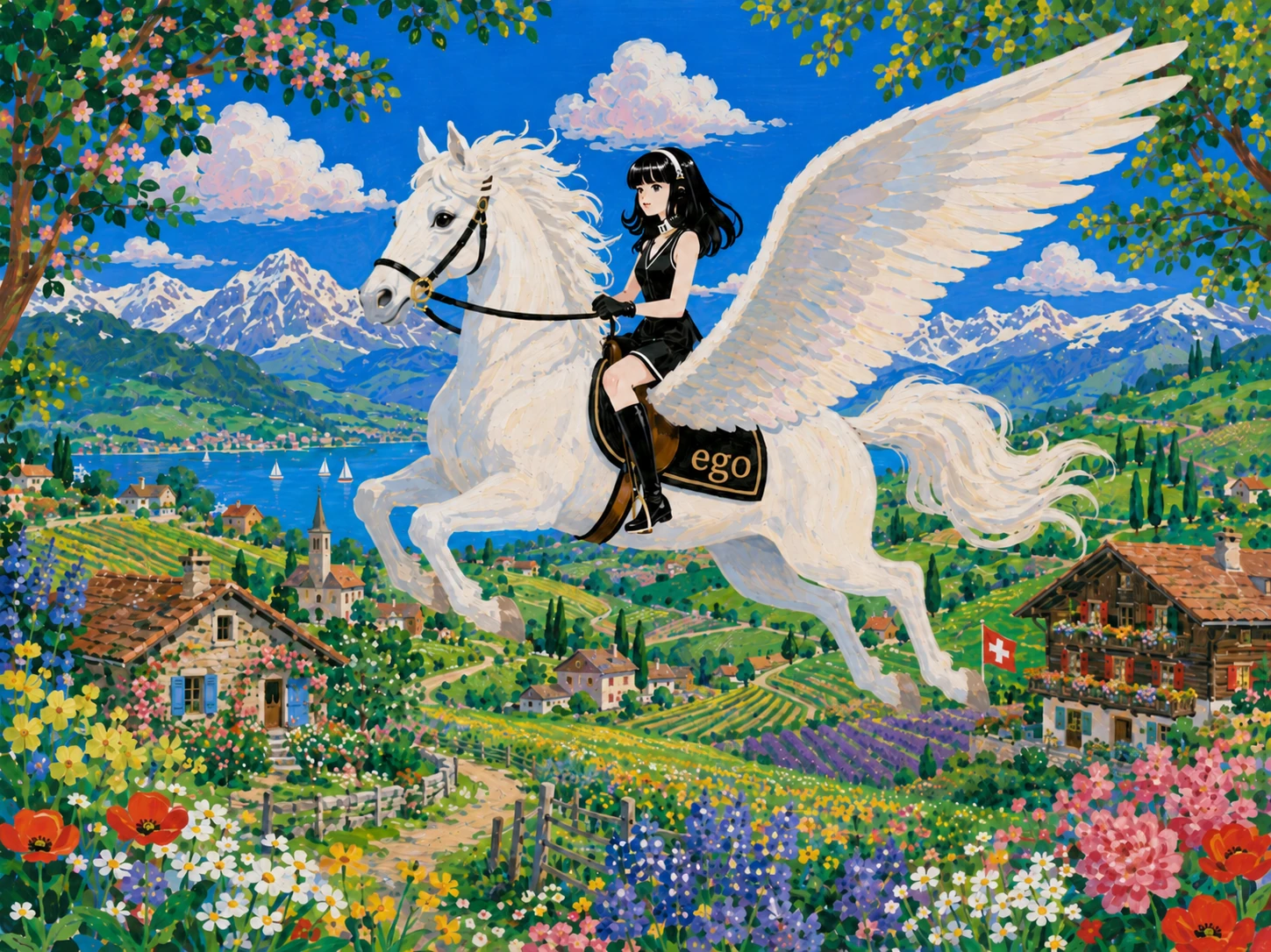 Hermes Agent riding a white winged horse over an alpine village and lake, symbolizing an agent taking flight with ego (lite)