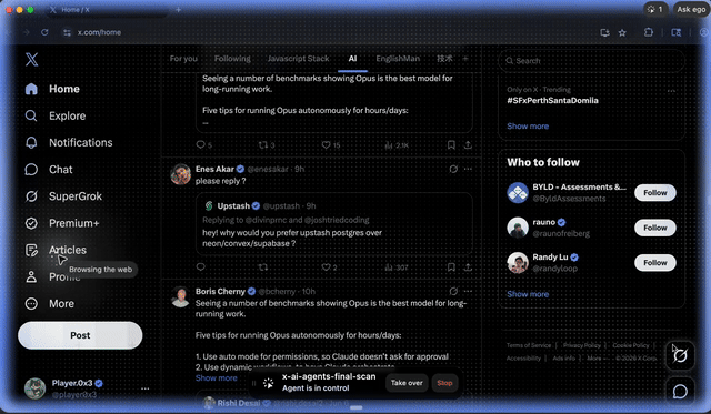 Hermes browsing X inside ego-browser while working in its own Space