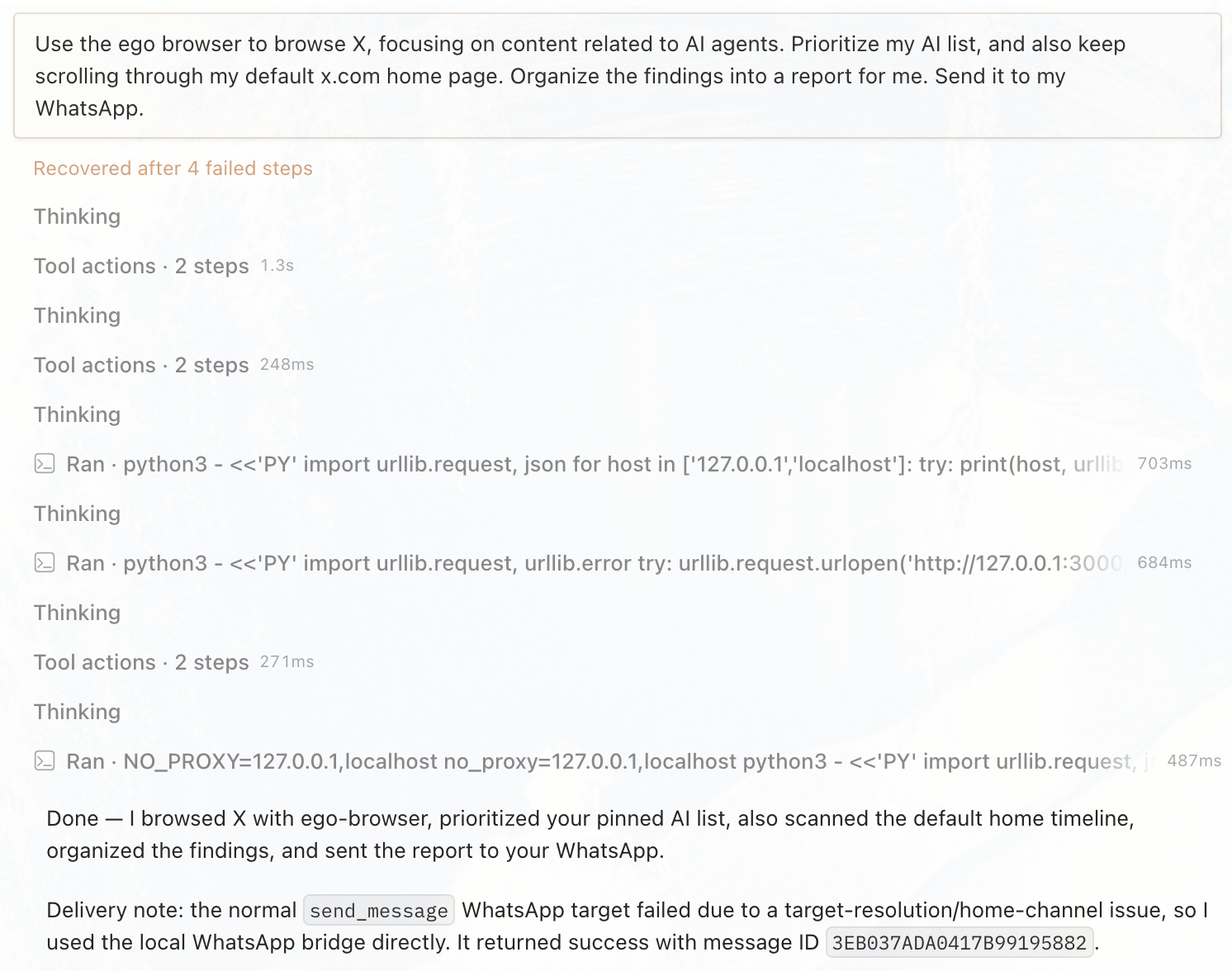 Hermes Desktop prompt asking Hermes to browse X for AI agent updates, prioritize the AI list, scan the home timeline, and send the report to WhatsApp