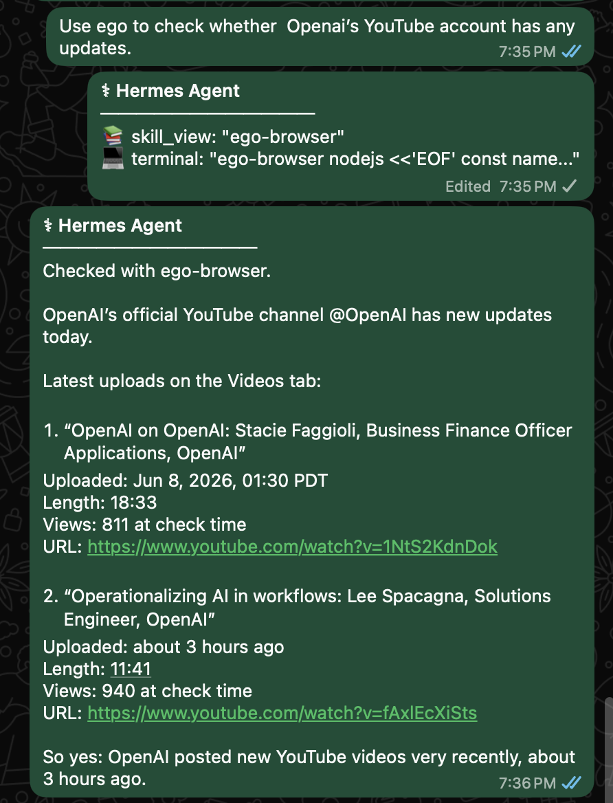 WhatsApp conversation where Hermes uses ego-browser to check OpenAI YouTube updates and returns the latest video results