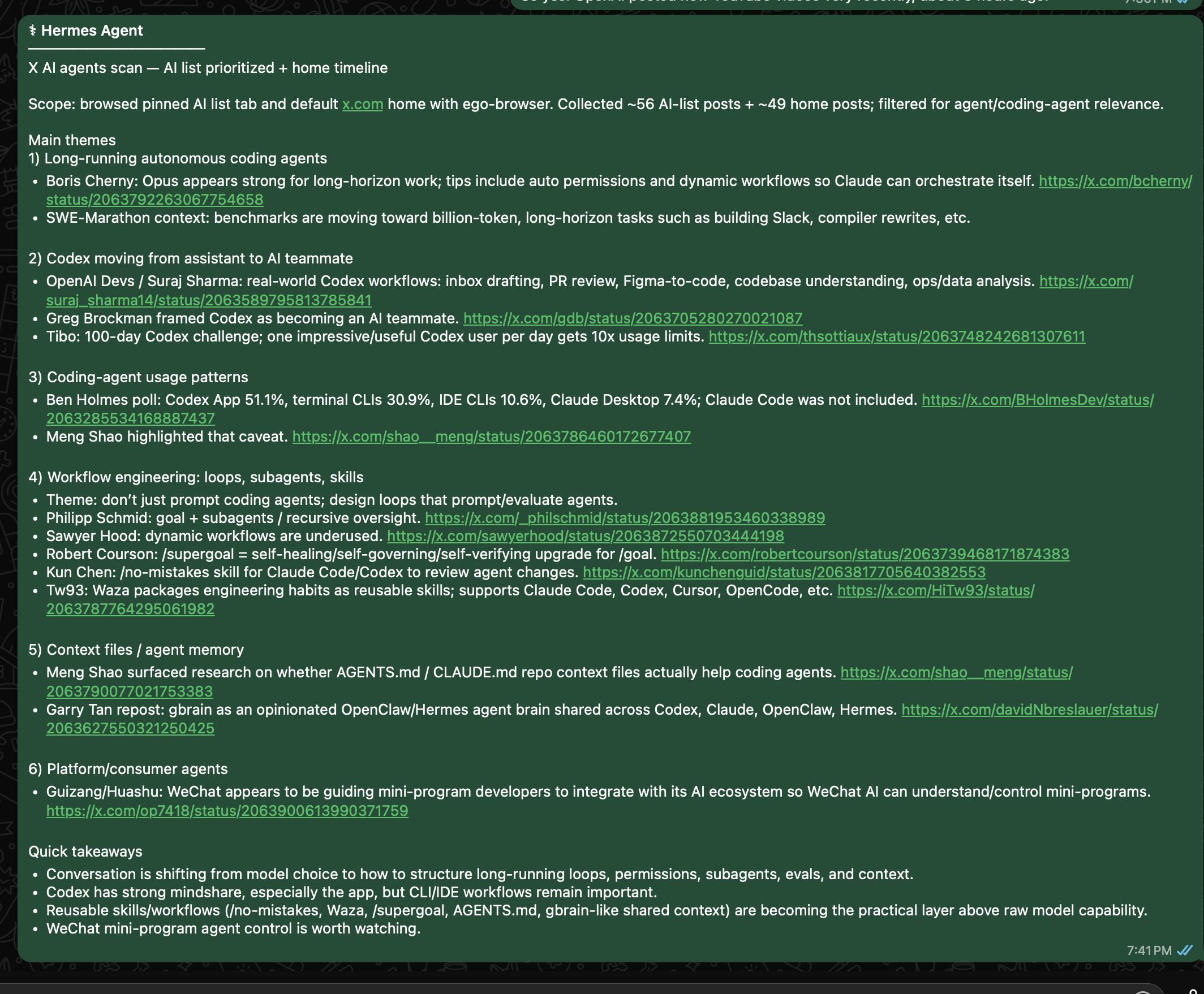 WhatsApp report from Hermes summarizing AI agent updates found on X