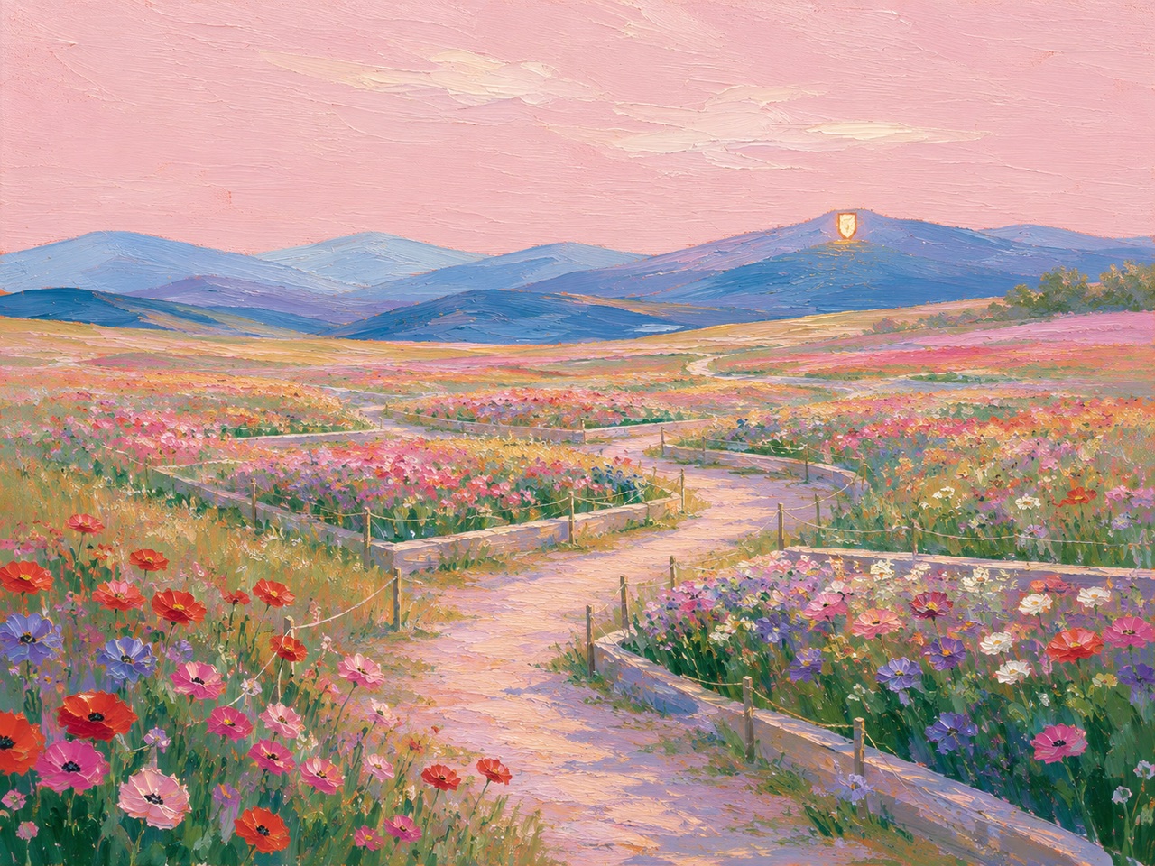 Pastel flower field with a winding path toward distant hills and a glowing shield symbol