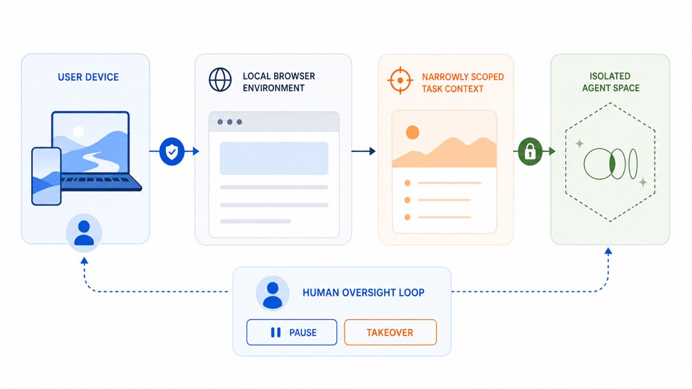 Diagram showing a user device, local browser environment, narrowly scoped task context, isolated agent Space, and human oversight loop