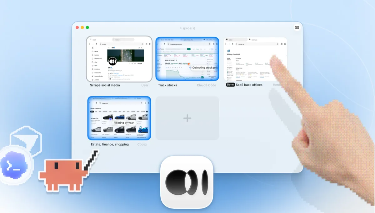 ego lite Spaces overview with four browser tasks running side by side: Claude Code tracking Apple stock on Yahoo Finance, Codex filtering cars by year on cars.com, Hermes finishing a SaaS back-office task, a user scraping X, and a hand tapping + to open another Space