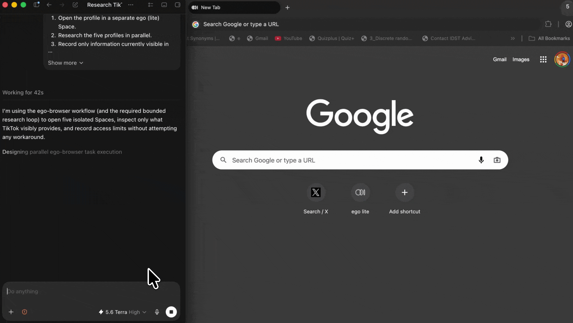 Existing TikTok profile tasks running in separate ego (lite) browser Spaces